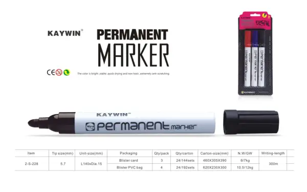 KAYWIN Permanent Marker Set. Ideal für dauerhafte Markierungen, die sich leicht entfernen lassen. Enthält drei Stifte in Rot, Blau und Schwarz.